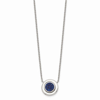 Stainless Steel Polished Blue Druzy Circle w/2in ext. Necklace