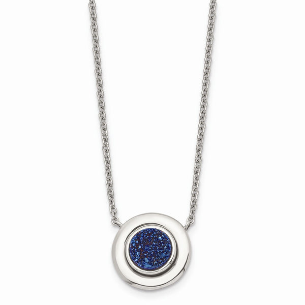 Stainless Steel Polished Blue Druzy Circle w/2in ext. Necklace