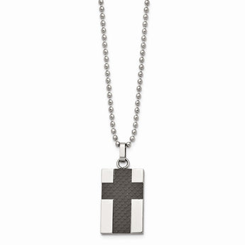 Stainless Steel Polished Carbon Fiber Inlay Cross 22in Necklace