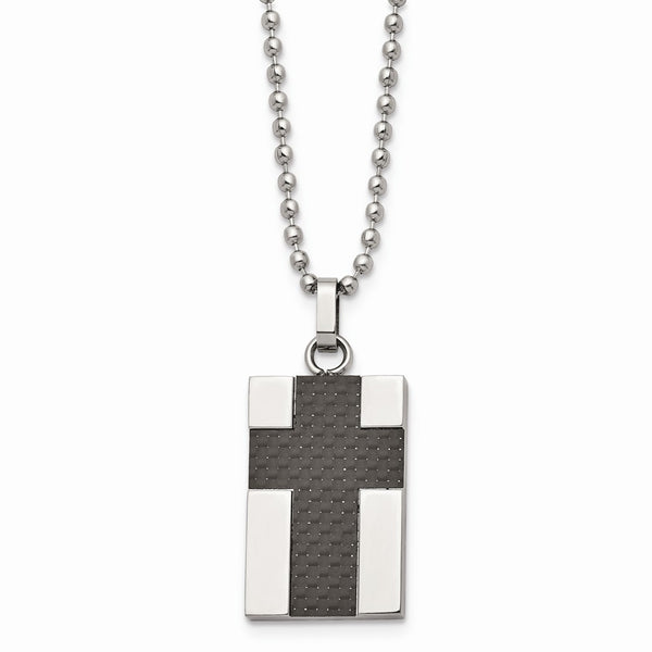 Stainless Steel Polished Carbon Fiber Inlay Cross 22in Necklace