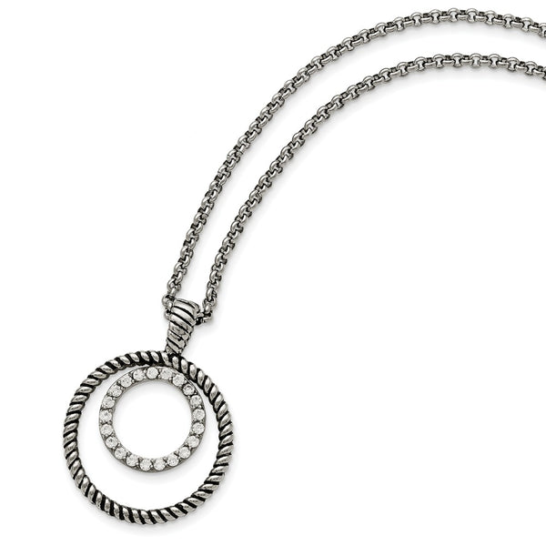 Stainless Steel Polished and Antiqued CZ Circle Necklace