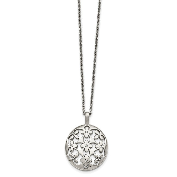 Stainless Steel Polished Circle w/CZ w/2in ext. Necklace