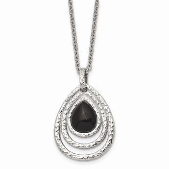 Stainless Steel Polished/Textured Black Onyx w/2in ext. Necklace