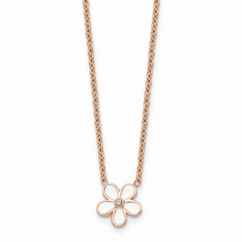 Stainless Steel Polished Pink IP-plated/Enameled Flower w/CZ Necklace