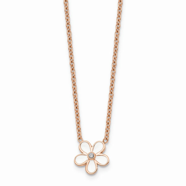 Stainless Steel Polished Pink IP-plated/Enameled Flower w/CZ Necklace