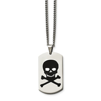 Stainless Steel Polished Black Enamel Skull Dog Tag Necklace