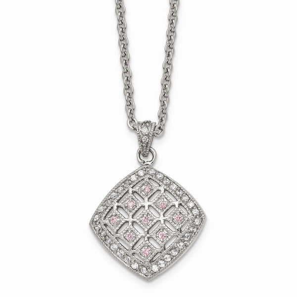 Stainless Steel Polished Clear and Pink CZ Square Necklace