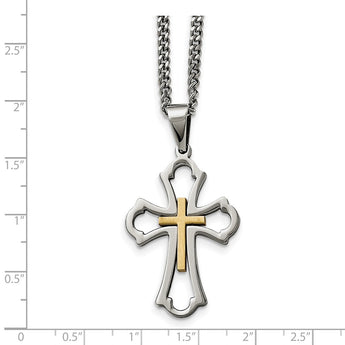 Stainless Steel Yellow IP-plated Cross Brushed/Polished Necklace