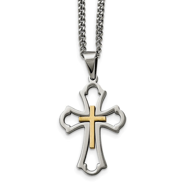 Stainless Steel Yellow IP-plated Cross Brushed/Polished Necklace