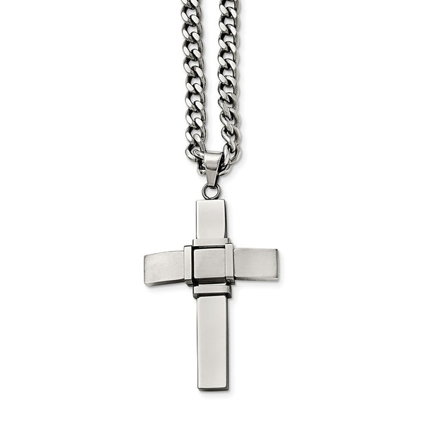 Stainless Steel Polished and Brushed Cross Necklace