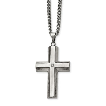 Stainless Steel Polished and Brushed CZ Cross Necklace