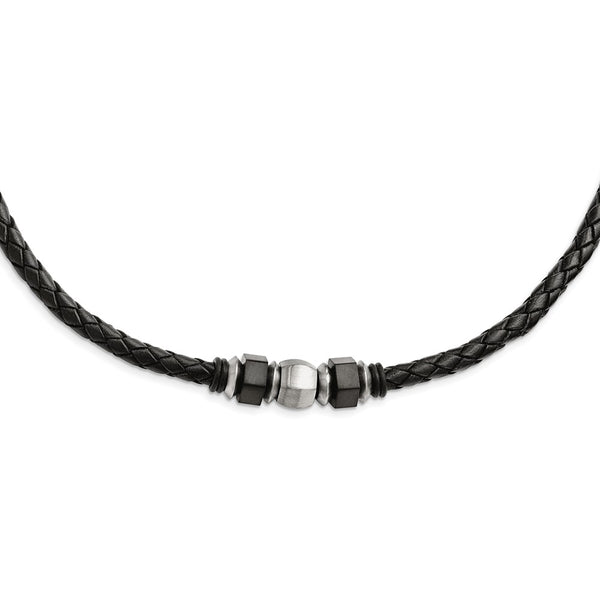 Stainless Steel Brushed Leather Black IP-plated & Rubber Necklace