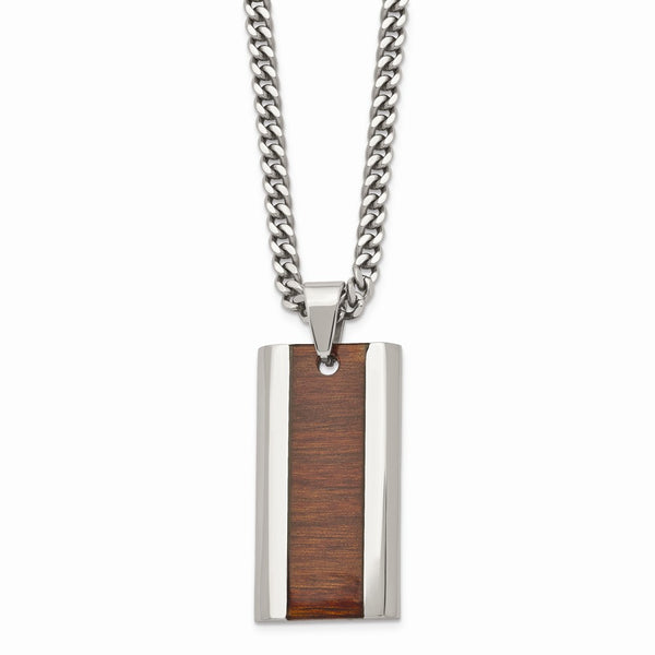 Stainless Steel Polished Red/Orange Wood Inlay Enameled Necklace