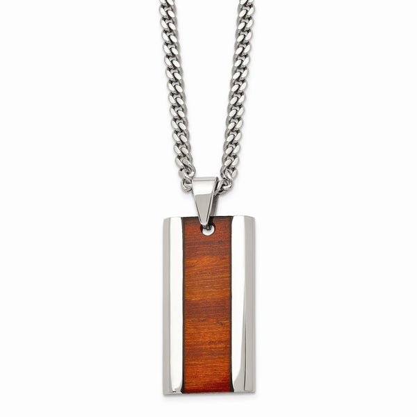 Stainless Steel Polished Red Wood Inlay Enameled Necklace