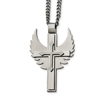 Stainless Steel Polished/Brushed Cross with Wings Necklace