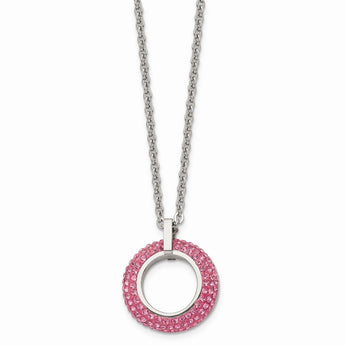 Stainless Steel Polished with Pink Crystal Circle Necklace