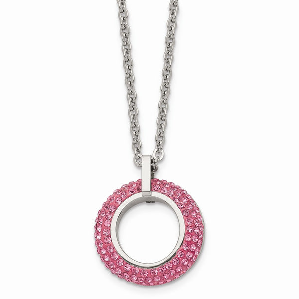 Stainless Steel Polished with Pink Crystal Circle Necklace