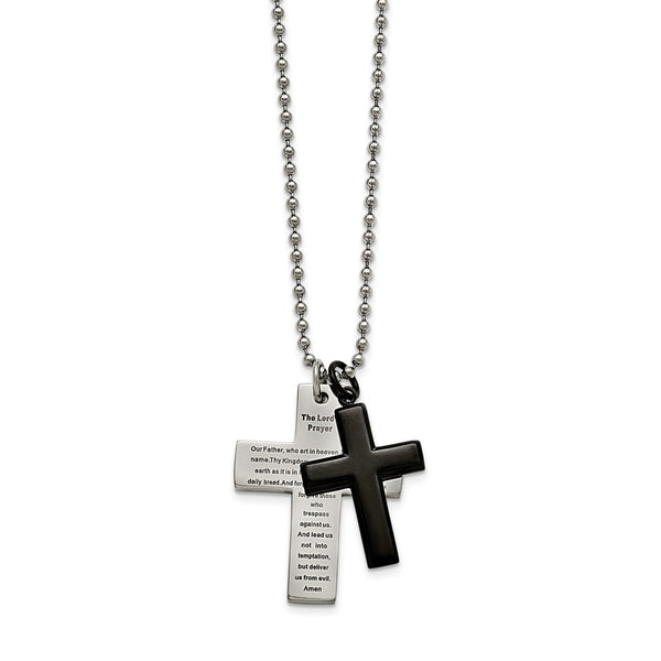 Stainless Steel Polished Black IP-plated Lord's Prayer Cross Necklace