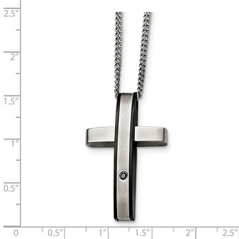 Stainless Steel Polished/Black IP-plated 1pt.Diamond Cross Necklace