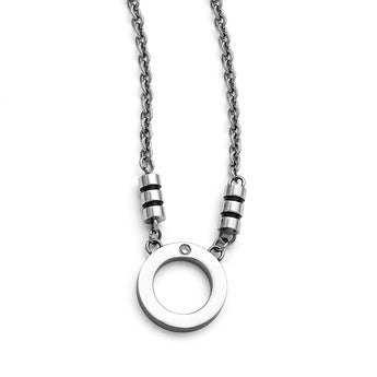 Stainless Steel Polished Black Enamel CZ Circle Necklace