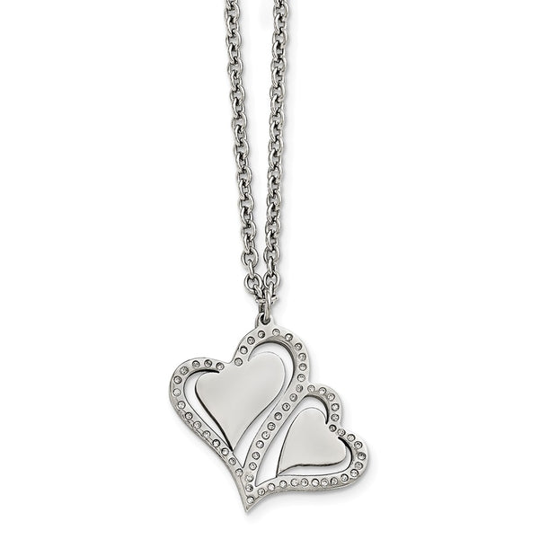 Stainless Steel Polished Hearts with Crystals w/ 2.25in. Ext. Necklace