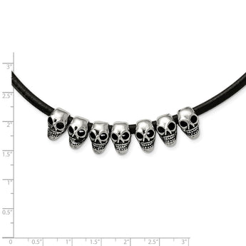 Stainless Steel Polished/Antiqued Skulls Black Leather Cord Necklace