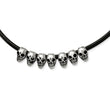 Stainless Steel Polished/Antiqued Skulls Black Leather Cord Necklace