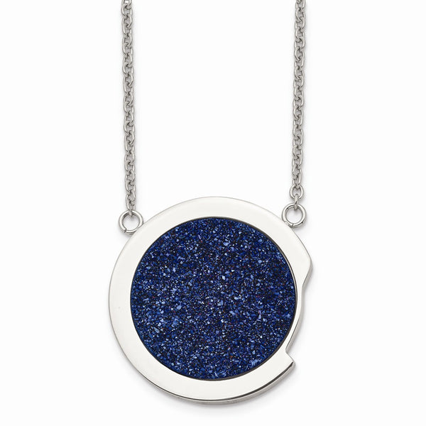 Stainless Steel Polished with Blue Druzy Stone Necklace