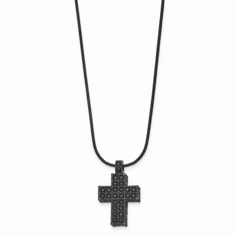 Stainless Steel Black IP-plated Black Crystal Cross w/2in ext Necklace