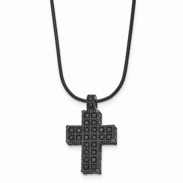 Stainless Steel Black IP-plated Black Crystal Cross w/2in ext Necklace