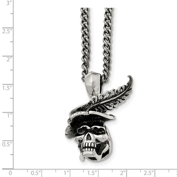 Stainless Steel Polished and Antiqued Skull with Feather Necklace