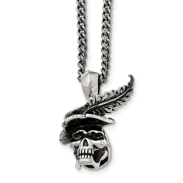 Stainless Steel Polished and Antiqued Skull with Feather Necklace