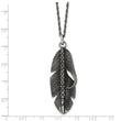 Stainless Steel Polished/Antiqued Feather w/Black CZ Necklace