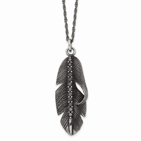 Stainless Steel Polished/Antiqued Feather w/Black CZ Necklace
