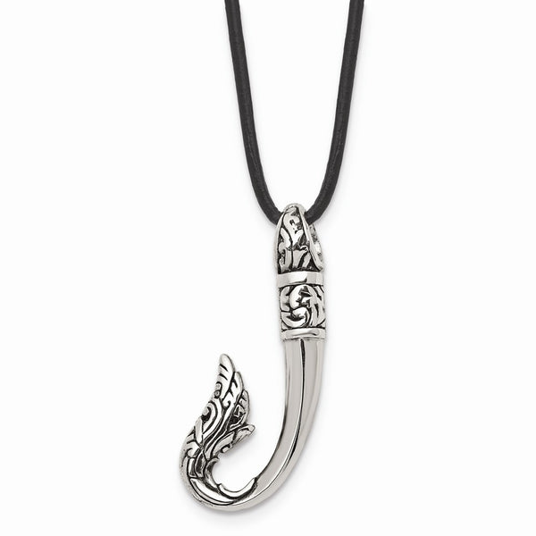 Stainless Steel Polished and Antiqued Hook Necklace