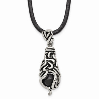 Stainless Steel Polished/Antiqued Moveable Black Agate Necklace