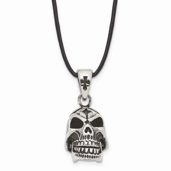 Stainless Steel Polished and Antiqued Moveable Skull Necklace