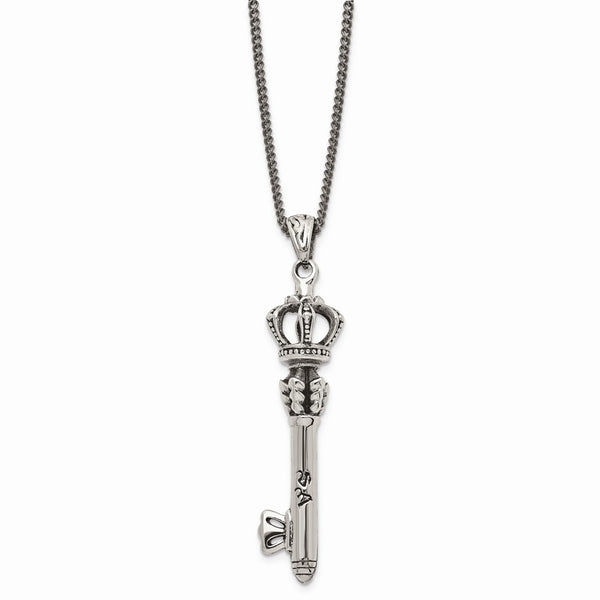 Stainless Steel Polished and Antiqued Crown Key Necklace