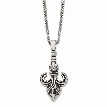 Stainless Steel Polished and Antiqued Fleur de Lis Necklace