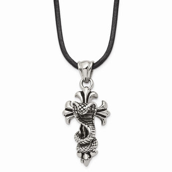 Stainless Steel Polished and Antiqued Snake and Cross Necklace