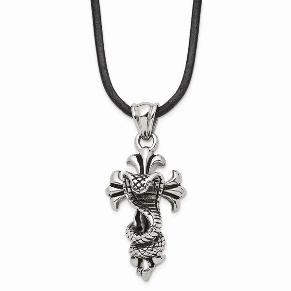 Stainless Steel Polished and Antiqued Snake and Cross Necklace