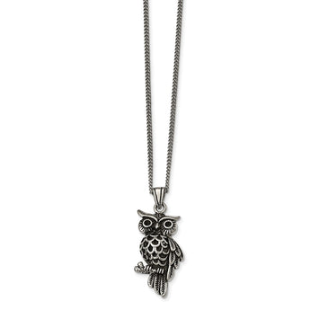 Stainless Steel Polished and Antiqued Owl w/Black Crystals Necklace