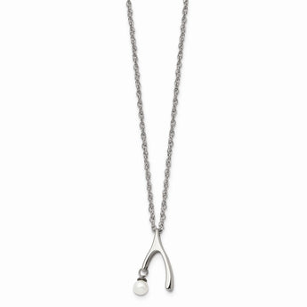 Stainless Steel Polished Wishbone Imitation Pearl 16in Necklace