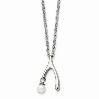 Stainless Steel Polished Wishbone Imitation Pearl 16in Necklace