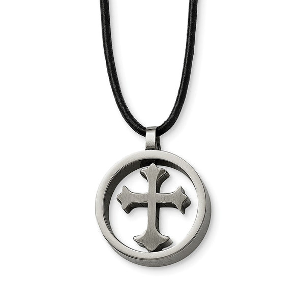 Stainless Steel Polished Cross Leather Cord Necklace