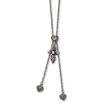 Stainless Steel Antiqued &Polished CZ Adjustable up to 29.5in Necklace