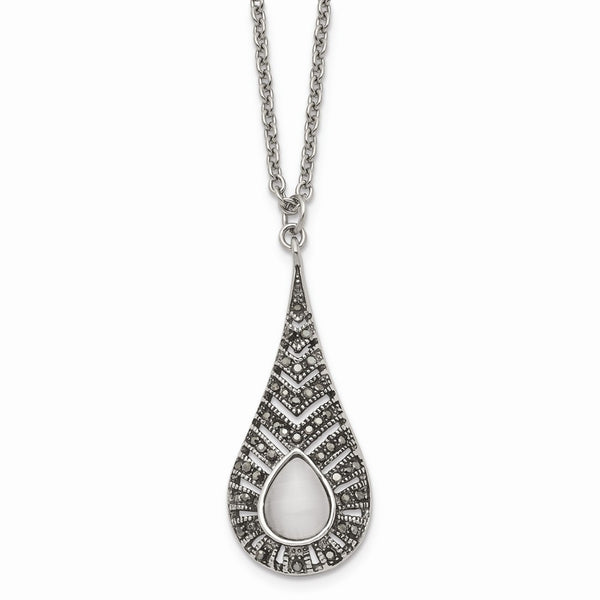 Stainless Steel Polished Marcasite Cat's Eye Necklace