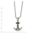 Stainless Steel Polished and Antiqued w/ CZ Anchor Necklace