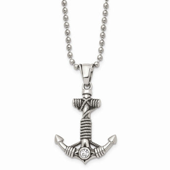 Stainless Steel Polished and Antiqued w/ CZ Anchor Necklace