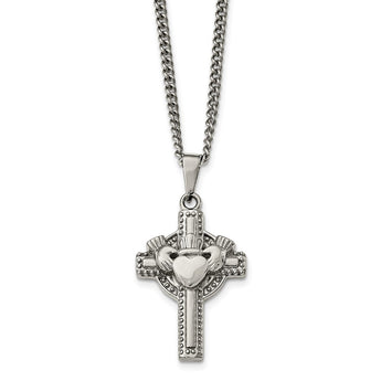 Stainless Steel Polished Claddagh Cross Necklace